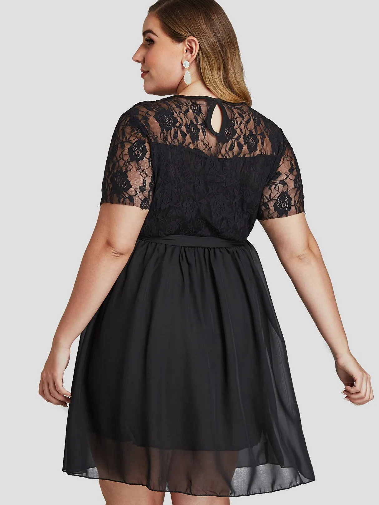 OEM ODM Round Neck Lace See Through Self-Tie Short Sleeve Flounced Hem Plus Size Dress