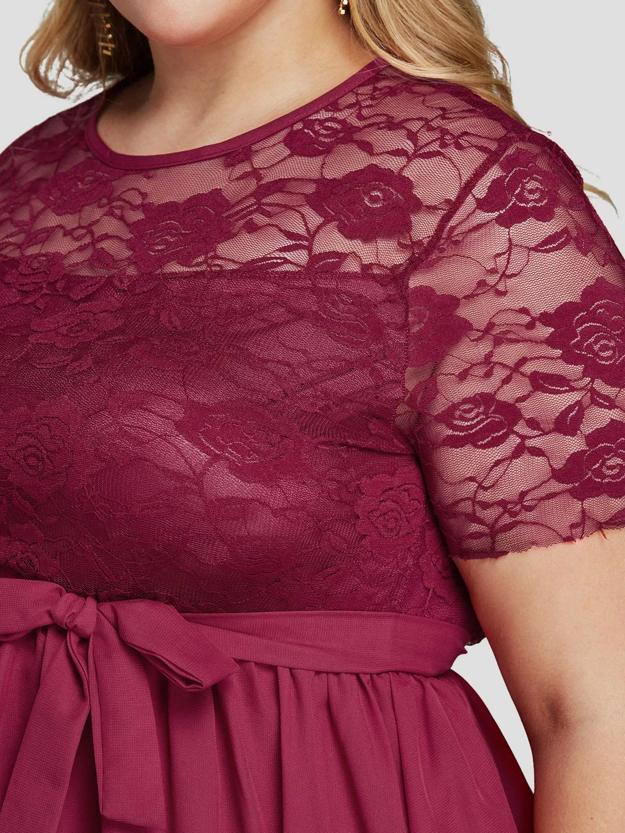 OEM ODM Round Neck Lace See Through Self-Tie Short Sleeve Flounced Hem Plus Size Dress