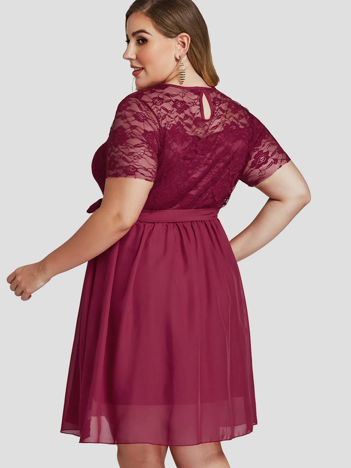 OEM ODM Round Neck Lace See Through Self-Tie Short Sleeve Flounced Hem Plus Size Dress