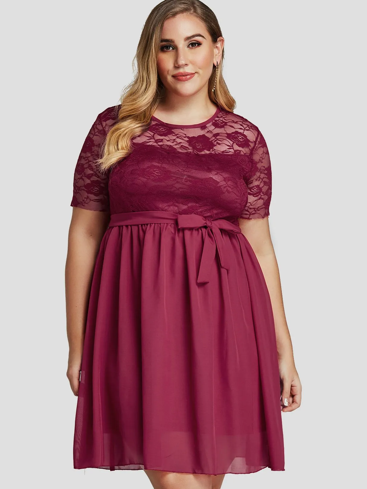 OEM ODM Round Neck Lace See Through Self-Tie Short Sleeve Flounced Hem Plus Size Dress