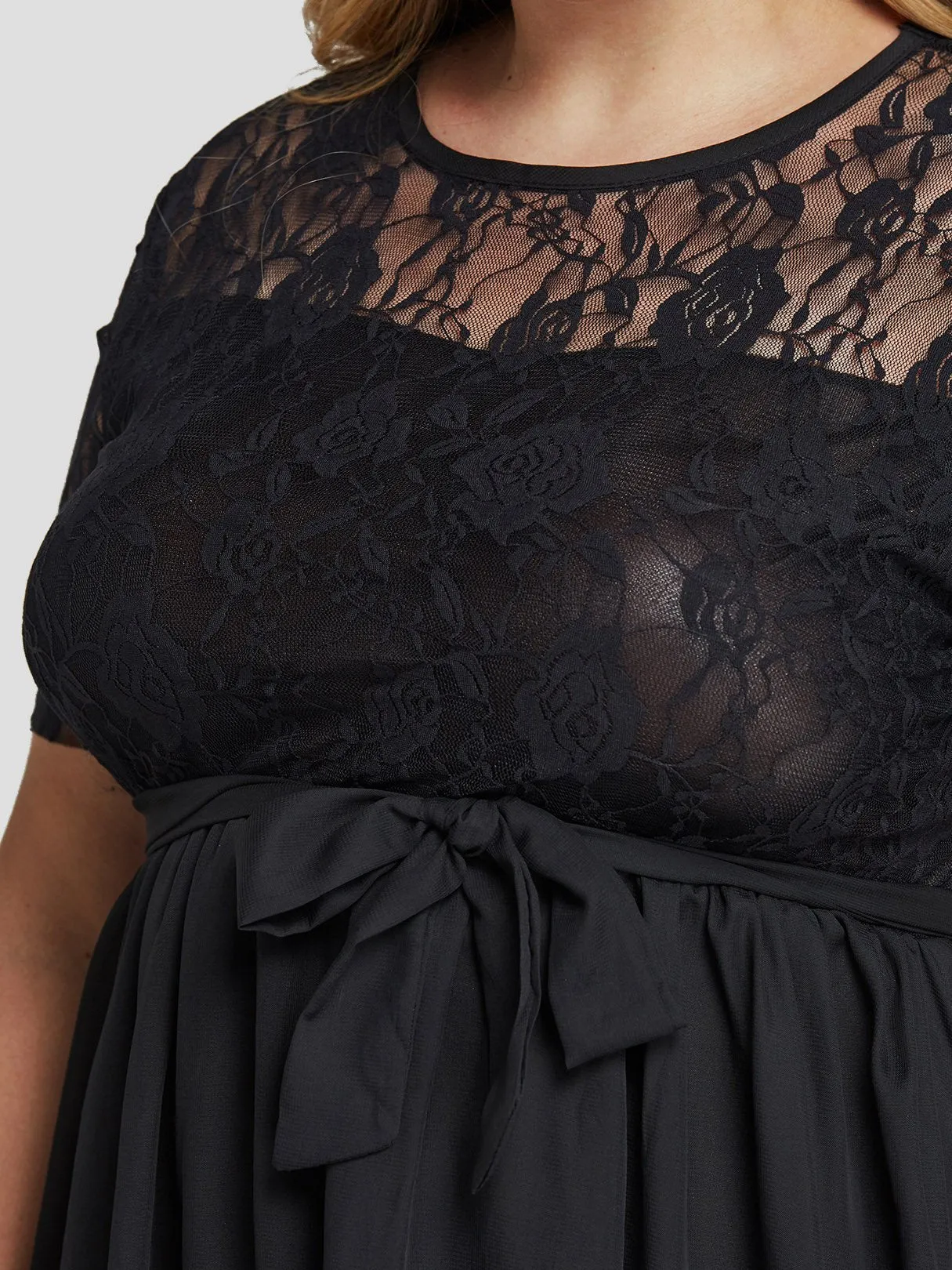 OEM ODM Round Neck Lace See Through Self-Tie Short Sleeve Flounced Hem Plus Size Dress