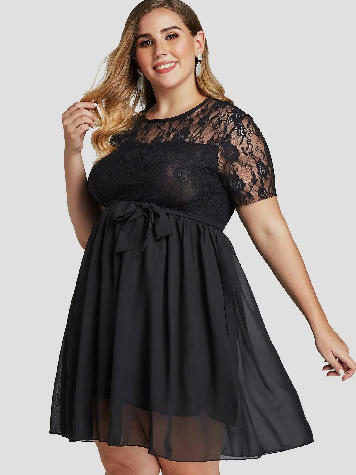 OEM ODM Round Neck Lace See Through Self-Tie Short Sleeve Flounced Hem Plus Size Dress