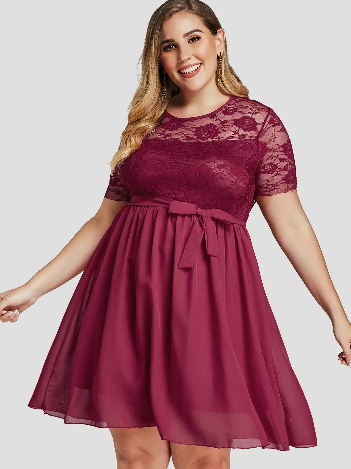 OEM ODM Round Neck Lace See Through Self-Tie Short Sleeve Flounced Hem Plus Size Dress