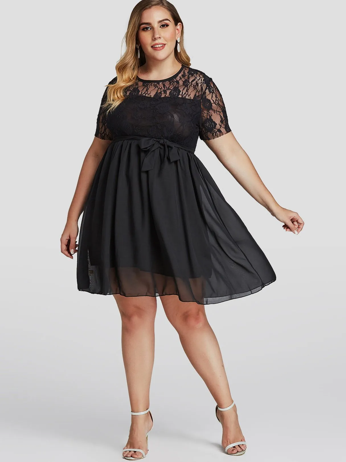 OEM ODM Round Neck Lace See Through Self-Tie Short Sleeve Flounced Hem Plus Size Dress