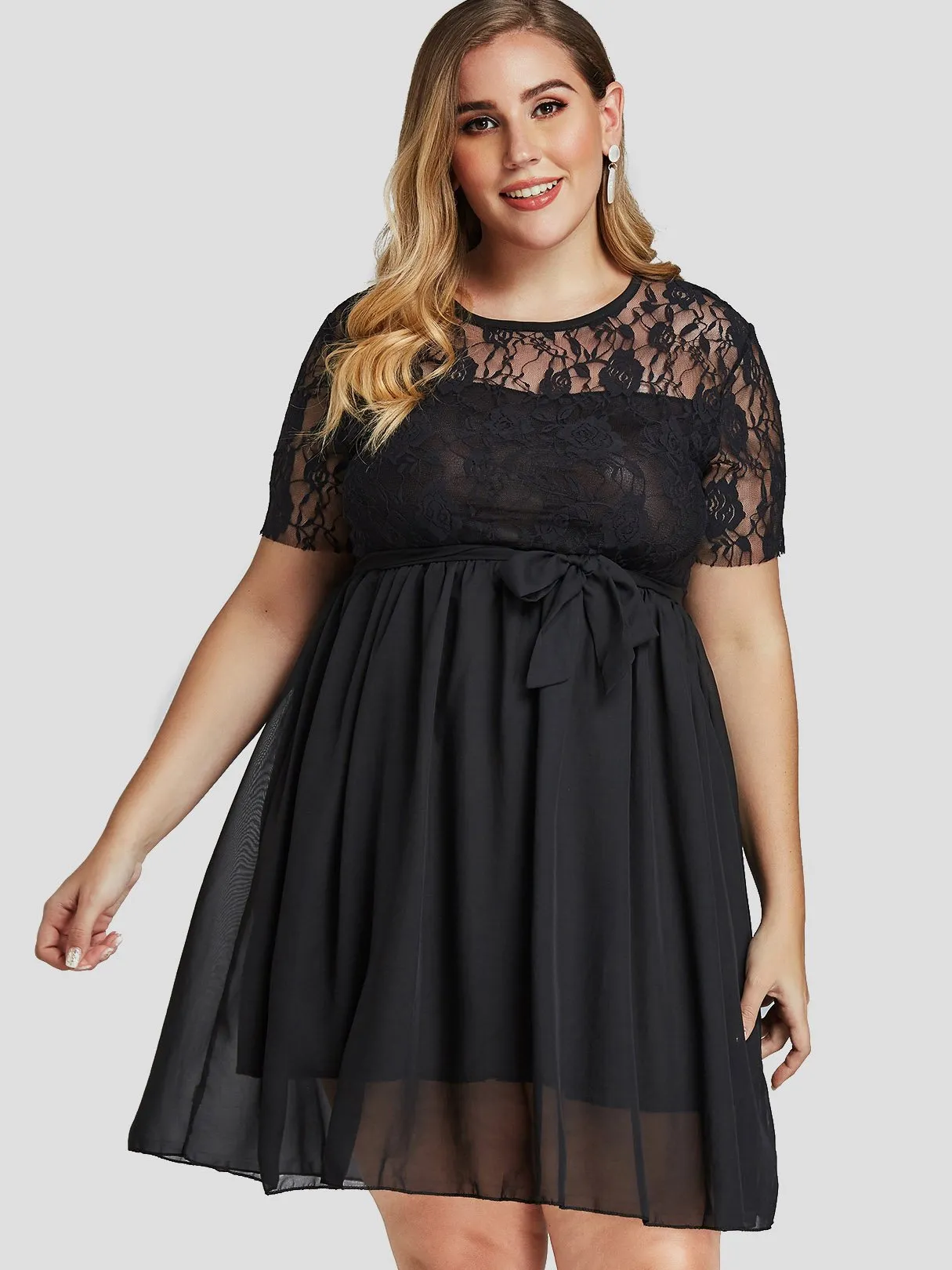 OEM ODM Round Neck Lace See Through Self-Tie Short Sleeve Flounced Hem Plus Size Dress