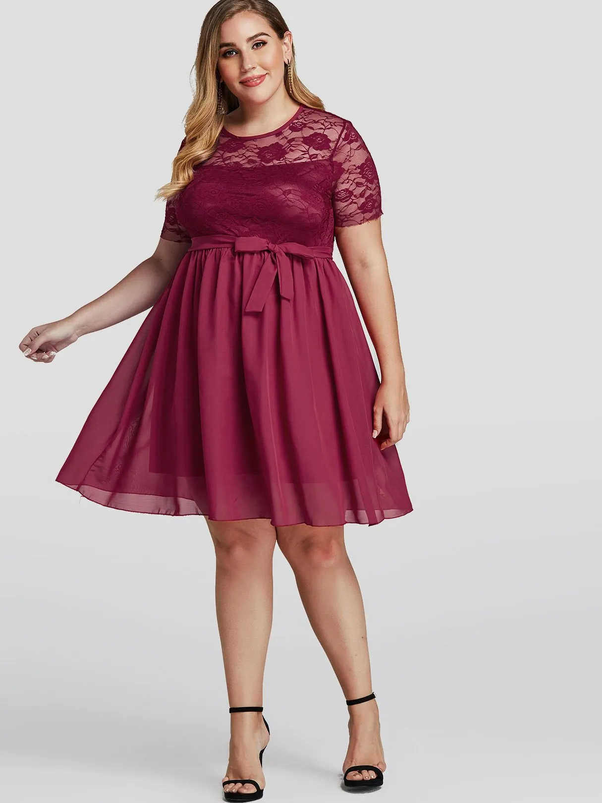 OEM ODM Round Neck Lace See Through Self-Tie Short Sleeve Flounced Hem Plus Size Dress