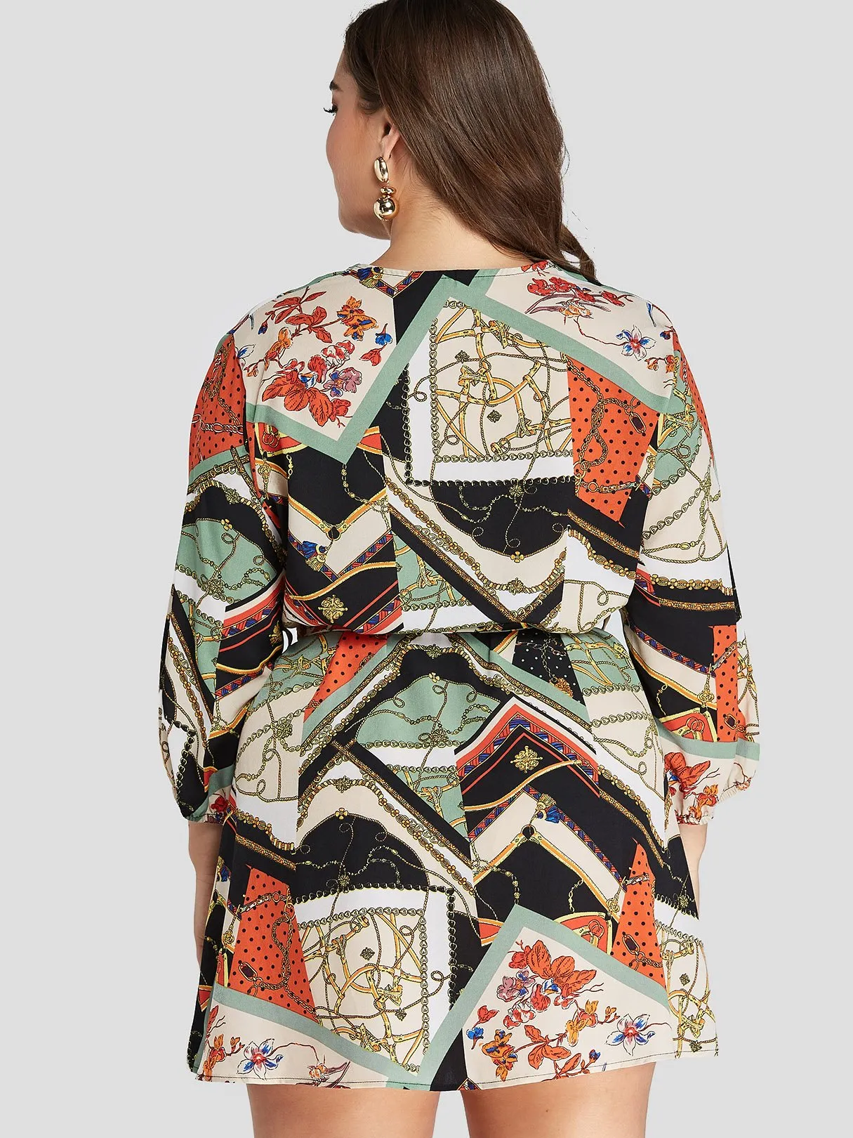 OEM ODM V-Neck Floral Print 3/4 Sleeve Plus Size Dress