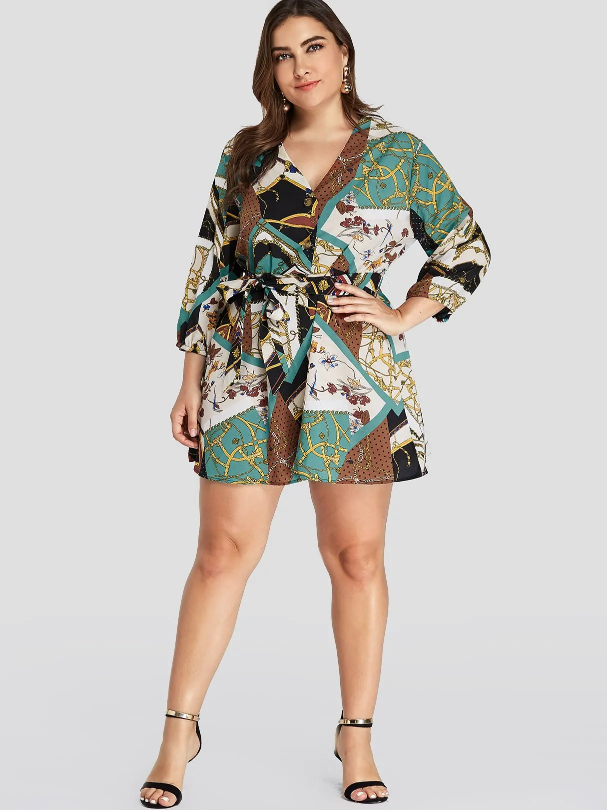 OEM ODM V-Neck Floral Print 3/4 Sleeve Plus Size Dress