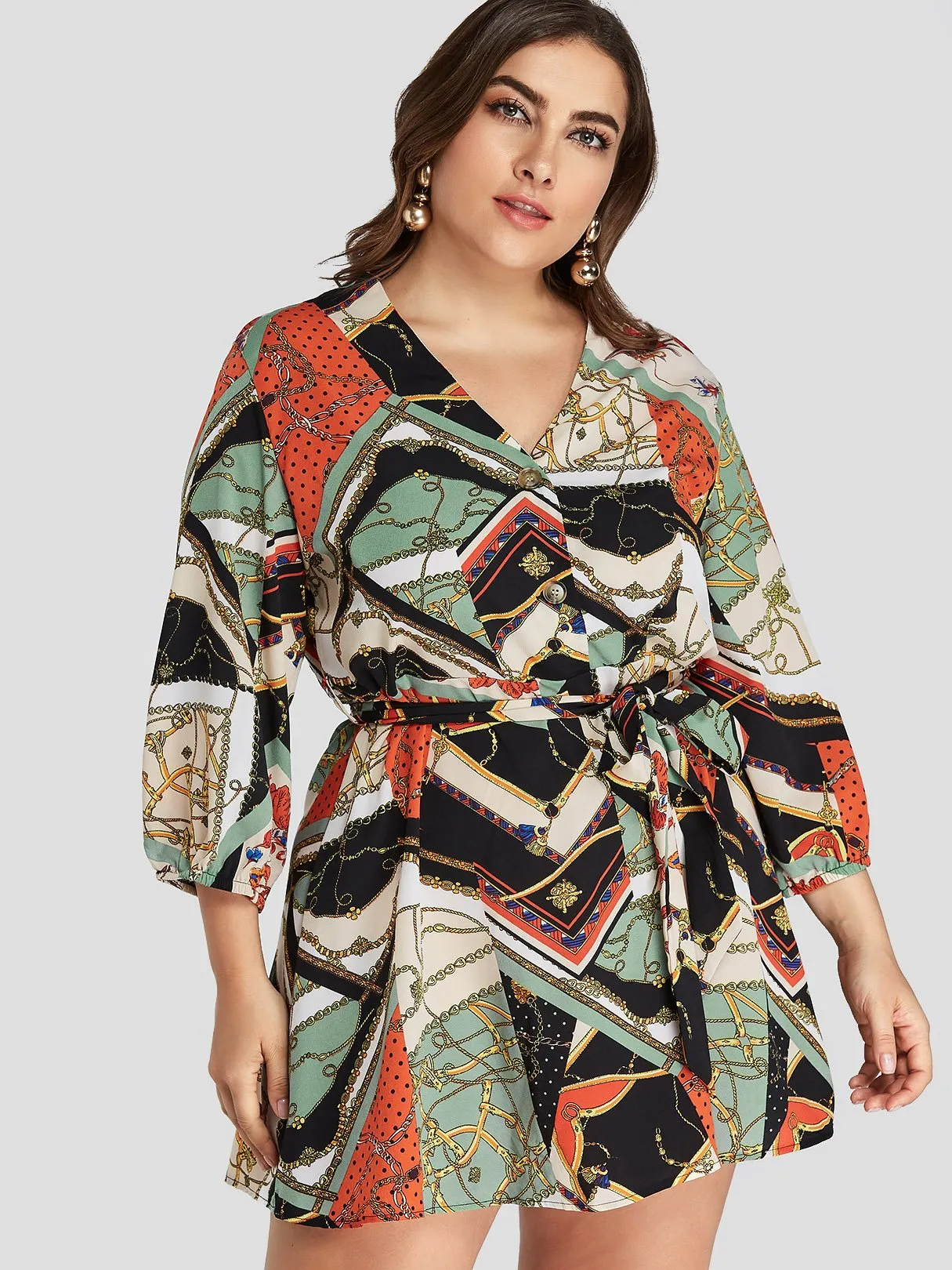 OEM ODM V-Neck Floral Print 3/4 Sleeve Plus Size Dress