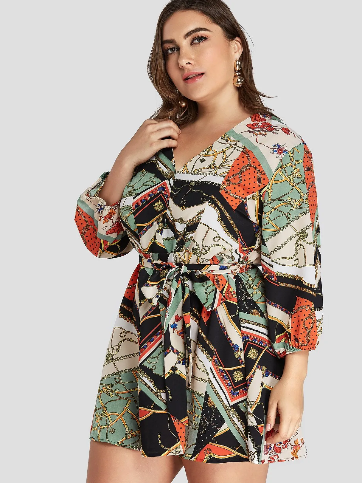 OEM ODM V-Neck Floral Print 3/4 Sleeve Plus Size Dress