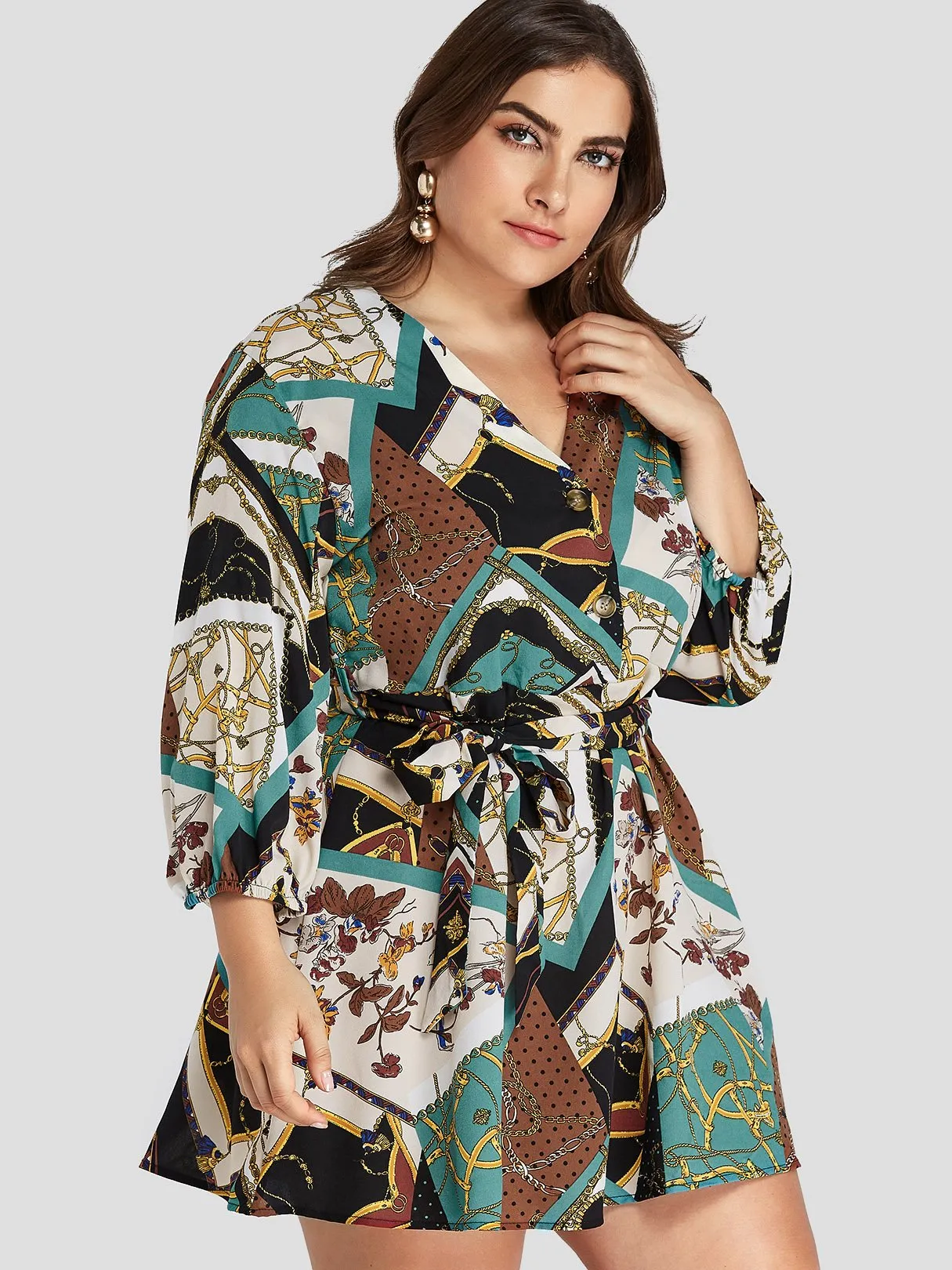 OEM ODM V-Neck Floral Print 3/4 Sleeve Plus Size Dress