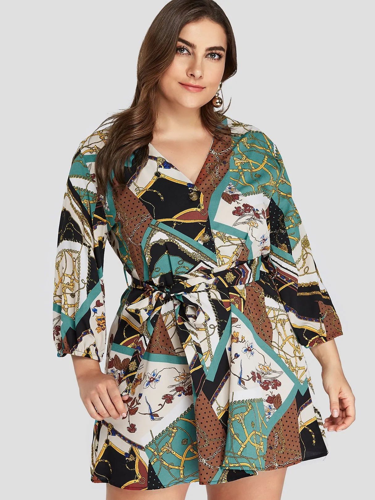 OEM ODM V-Neck Floral Print 3/4 Sleeve Plus Size Dress