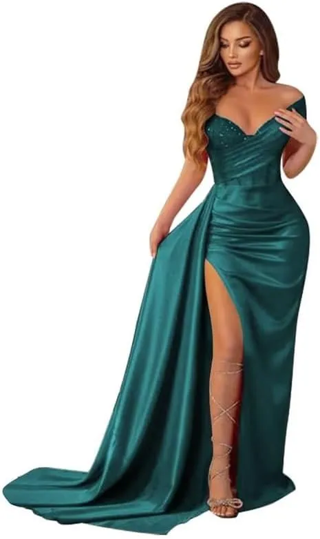 Off Shoulder Prom Dresses for Women Mermaid Satin Sparkly Bridesmaid Dress Formal Gown DDR952