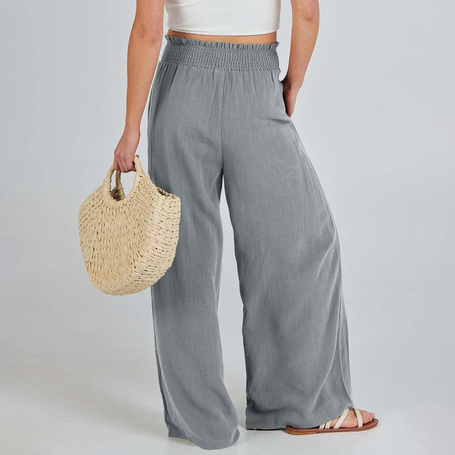 Palazzo Linen Pants Women 2024 High Waisted Wide Leg Boho Trousers Casual Drawstring Loose Workout Pants with Pockets