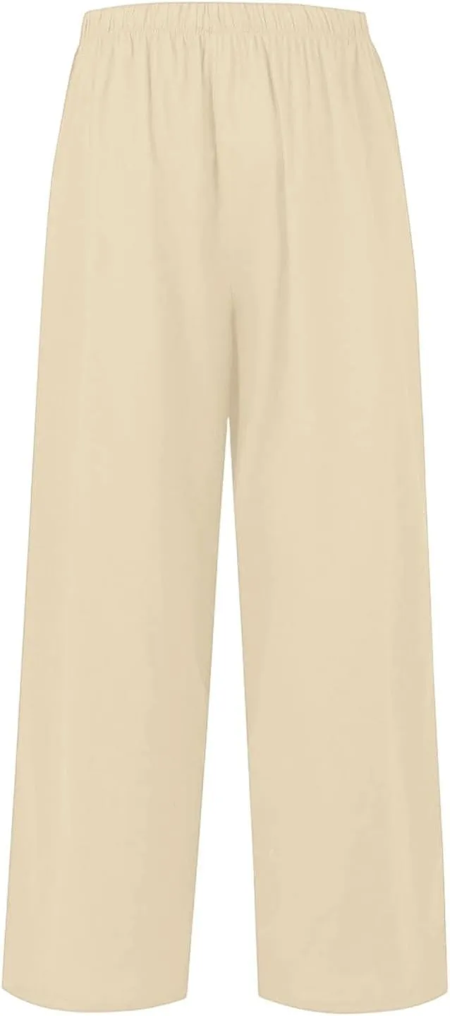 Palazzo Pants for Women Dressy Ladies Flowy Wide Leg Linen Pants with Pockets Summer Pull On Beach Pants 2025