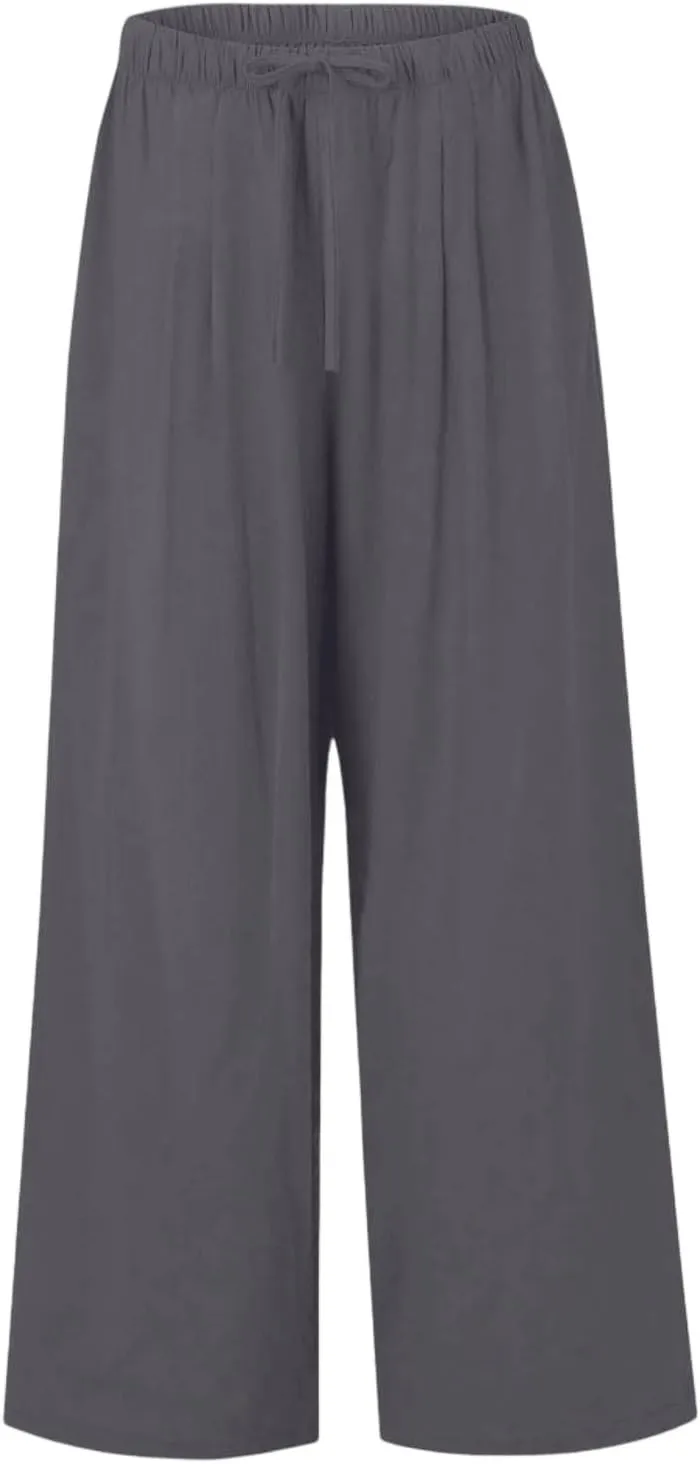 Palazzo Pants for Women Dressy Ladies Flowy Wide Leg Linen Pants with Pockets Summer Pull On Beach Pants 2025