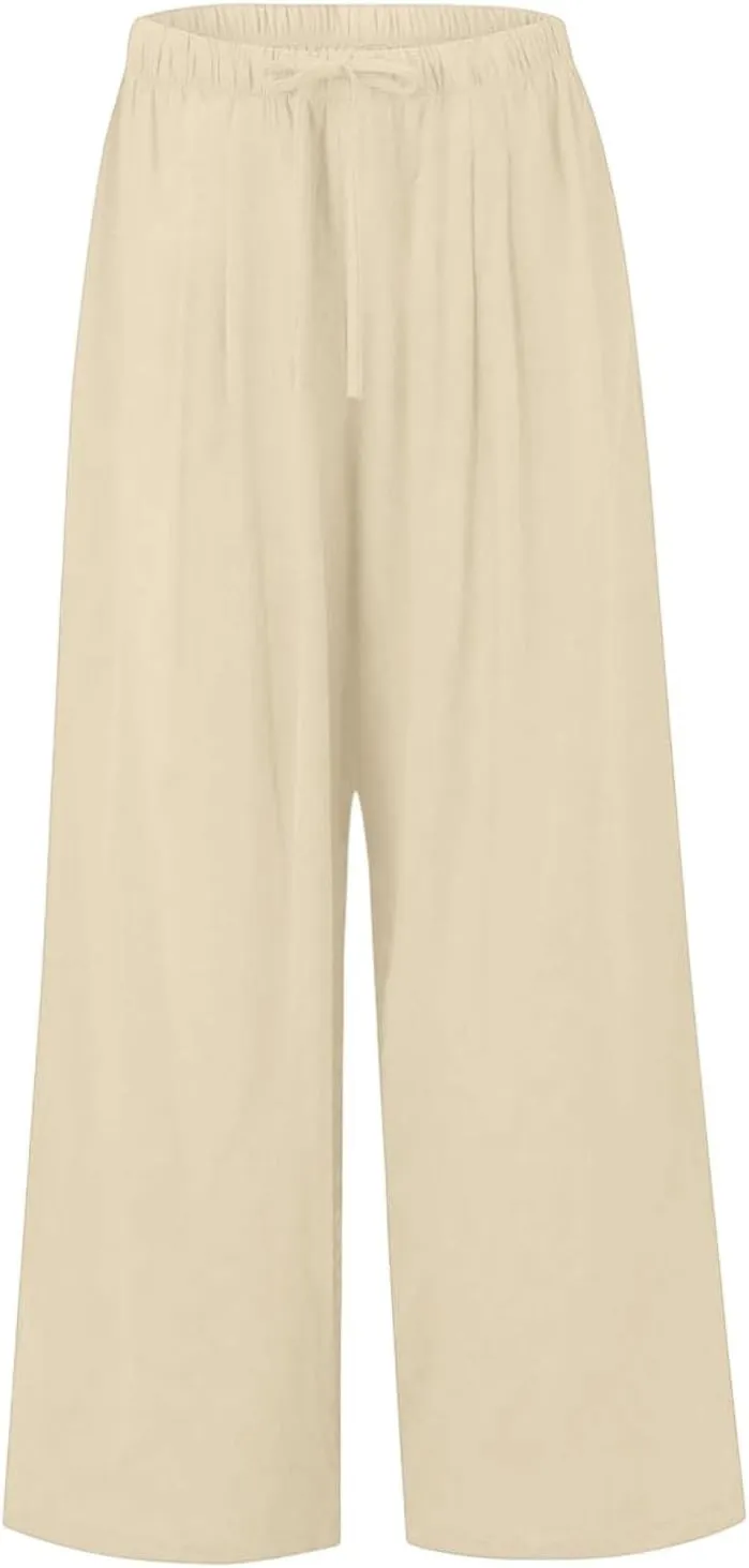 Palazzo Pants for Women Dressy Ladies Flowy Wide Leg Linen Pants with Pockets Summer Pull On Beach Pants 2025