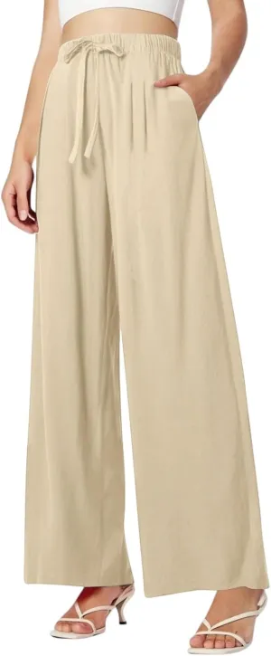 Palazzo Pants for Women Dressy Ladies Flowy Wide Leg Linen Pants with Pockets Summer Pull On Beach Pants 2025