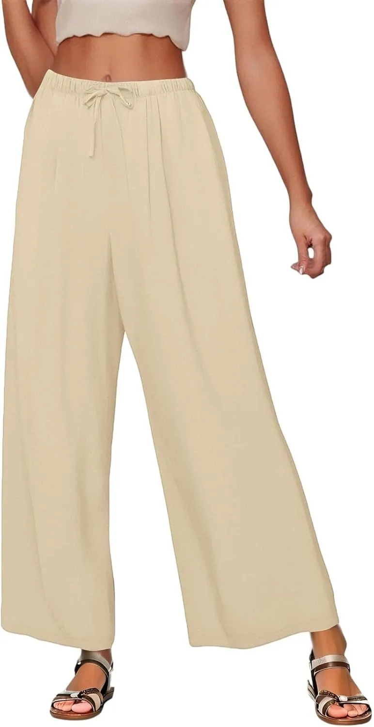 Palazzo Pants for Women Dressy Ladies Flowy Wide Leg Linen Pants with Pockets Summer Pull On Beach Pants 2025