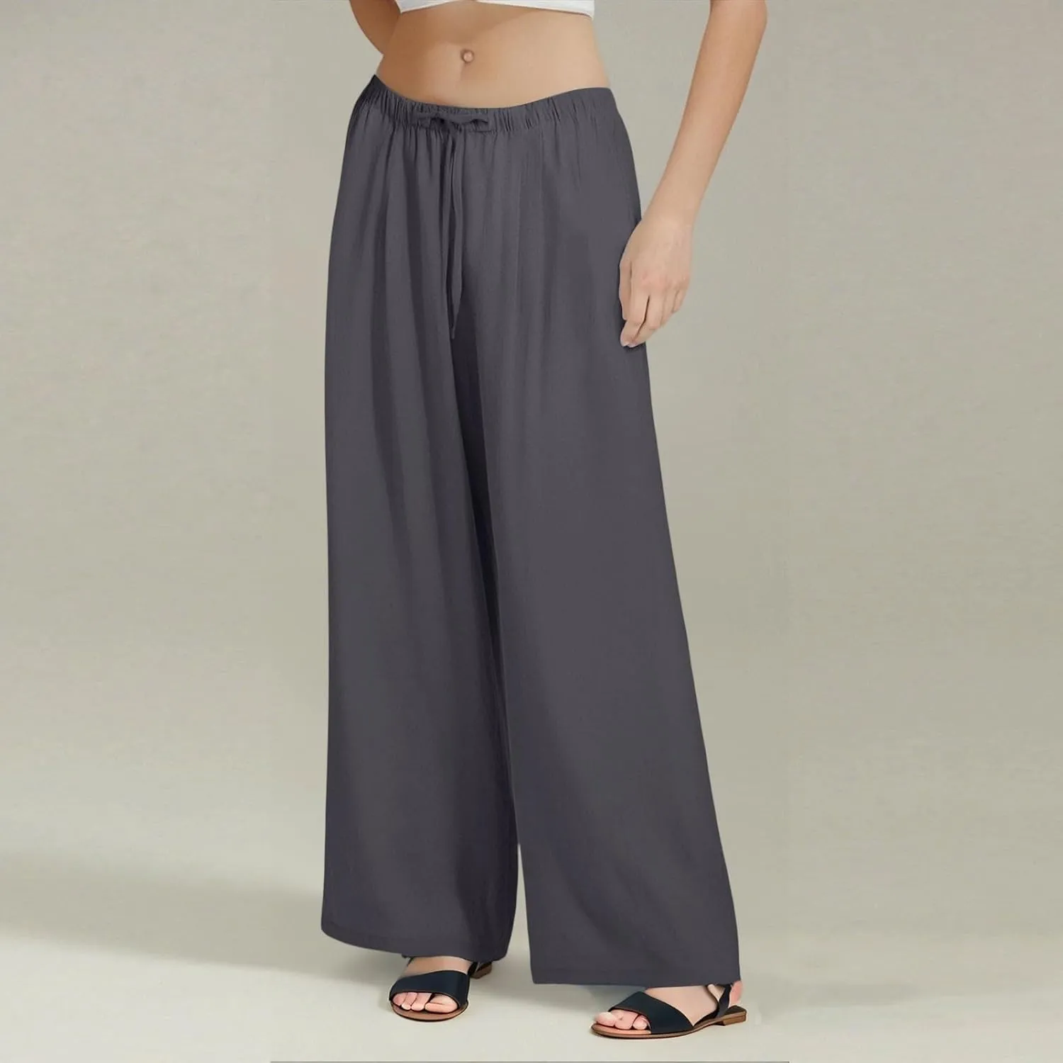 Palazzo Pants for Women Dressy Ladies Flowy Wide Leg Linen Pants with Pockets Summer Pull On Beach Pants 2025