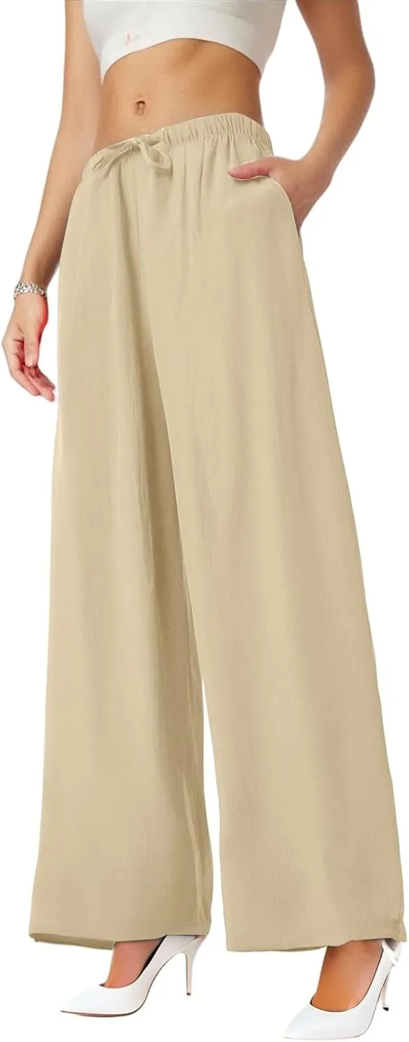 Palazzo Pants for Women Dressy Ladies Flowy Wide Leg Linen Pants with Pockets Summer Pull On Beach Pants 2025