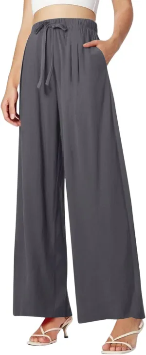 Palazzo Pants for Women Dressy Ladies Flowy Wide Leg Linen Pants with Pockets Summer Pull On Beach Pants 2025