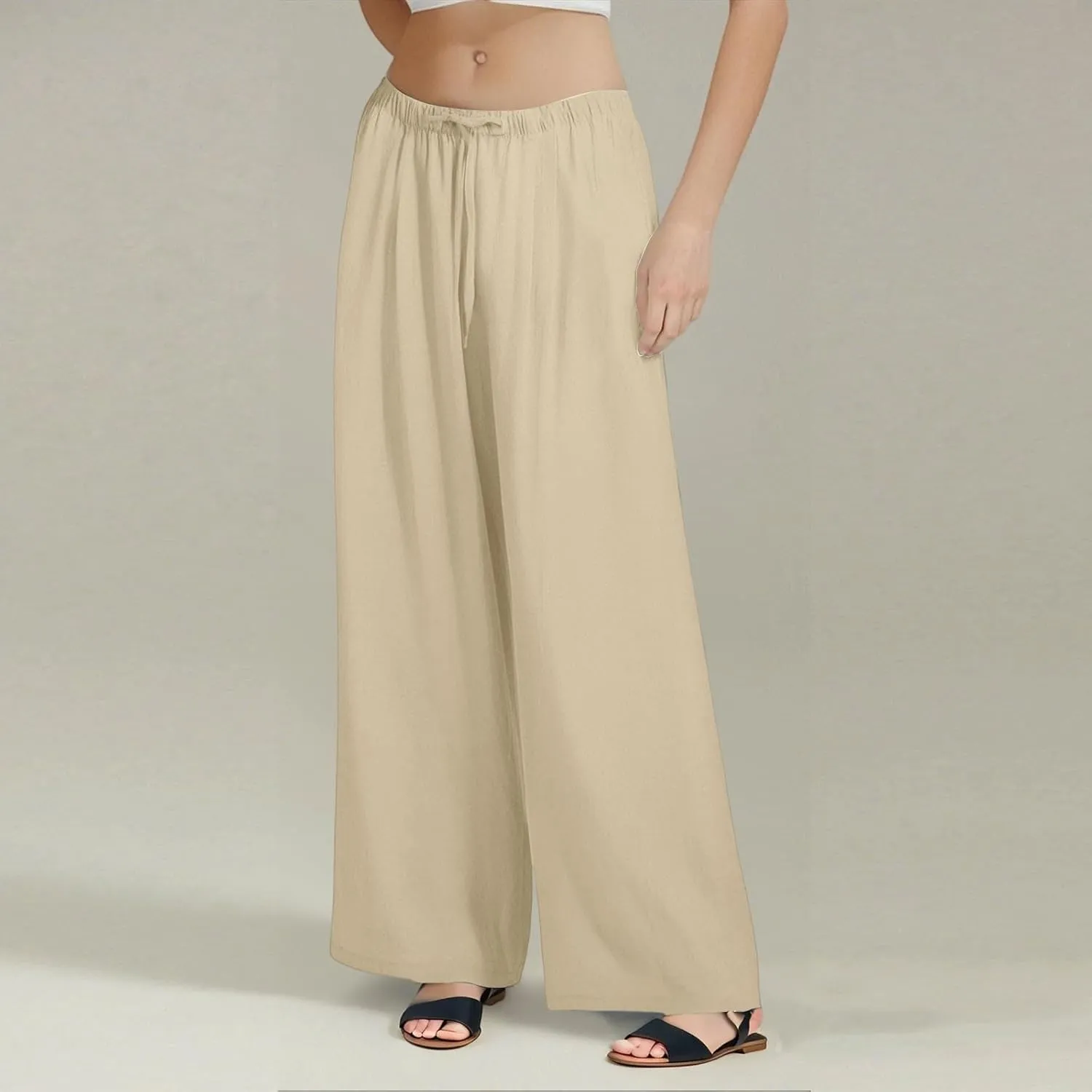 Palazzo Pants for Women Dressy Ladies Flowy Wide Leg Linen Pants with Pockets Summer Pull On Beach Pants 2025
