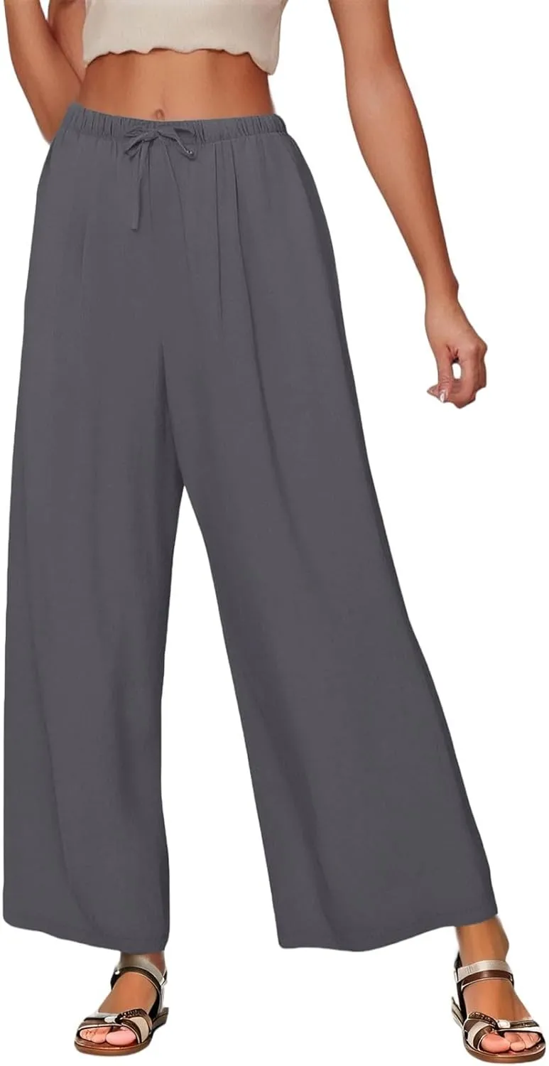 Palazzo Pants for Women Dressy Ladies Flowy Wide Leg Linen Pants with Pockets Summer Pull On Beach Pants 2025