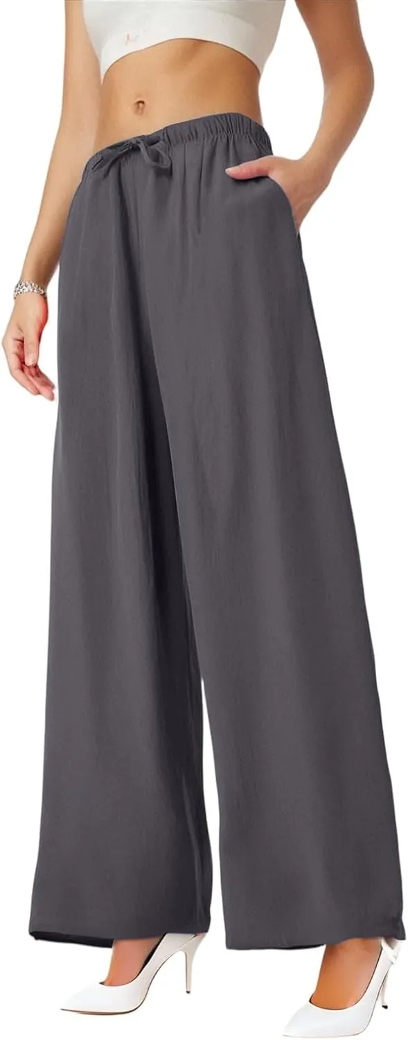 Palazzo Pants for Women Dressy Ladies Flowy Wide Leg Linen Pants with Pockets Summer Pull On Beach Pants 2025