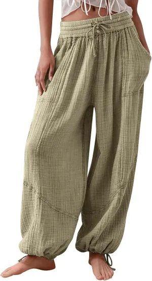 Palazzo Pants for Women Oversized High Waist Drawstring Baggy Harem Linen Wide Leg Beach Trousers with Pockets