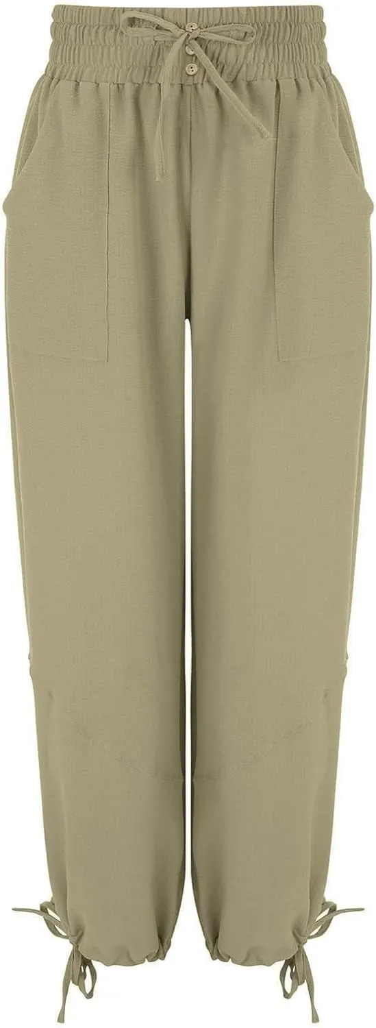Palazzo Pants for Women Oversized High Waist Drawstring Baggy Harem Linen Wide Leg Beach Trousers with Pockets