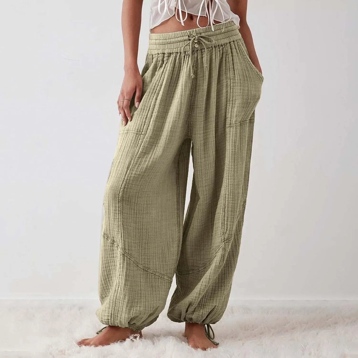 Palazzo Pants for Women Oversized High Waist Drawstring Baggy Harem Linen Wide Leg Beach Trousers with Pockets