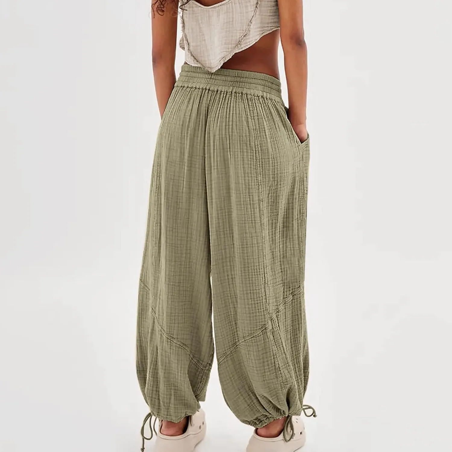 Palazzo Pants for Women Oversized High Waist Drawstring Baggy Harem Linen Wide Leg Beach Trousers with Pockets
