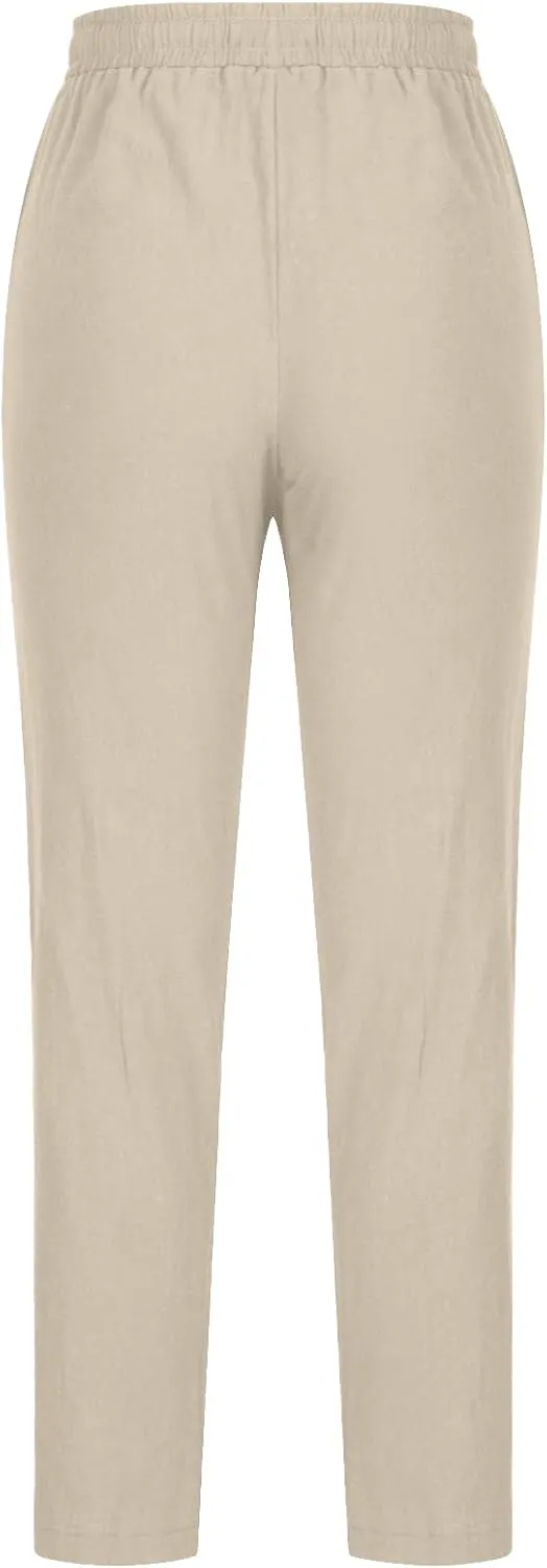 Pants for Women Casual Cotton Linen Pants Drawstring Elastic Waist Pants Soft Trousers with Pockets Straight Leg Pant
