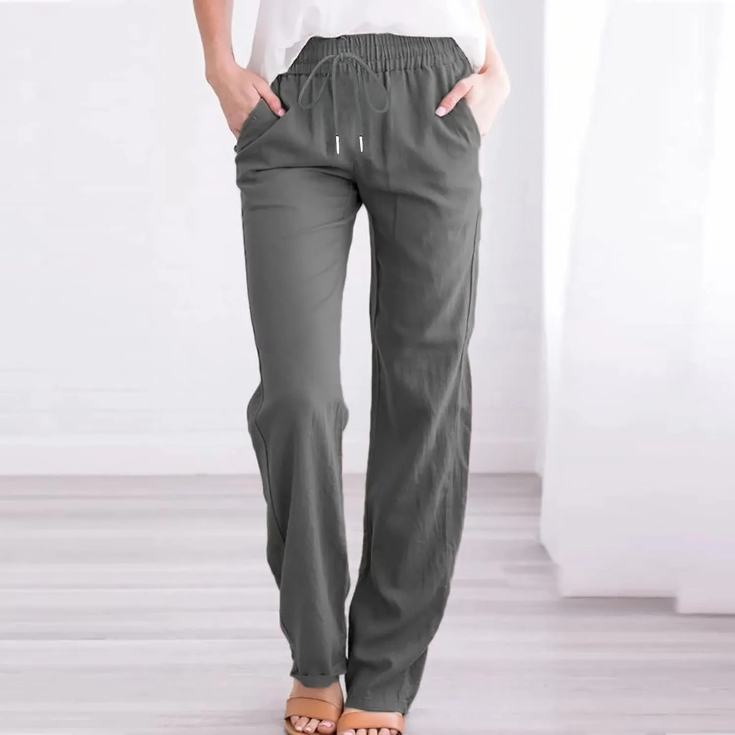 Pants for Women Casual Cotton Linen Pants Drawstring Elastic Waist Pants Soft Trousers with Pockets Straight Leg Pant