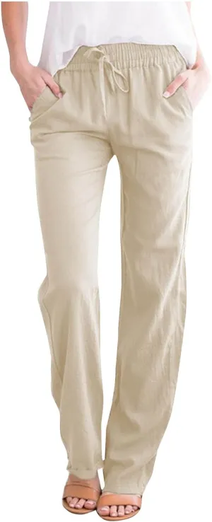 Pants for Women Casual Cotton Linen Pants Drawstring Elastic Waist Pants Soft Trousers with Pockets Straight Leg Pant