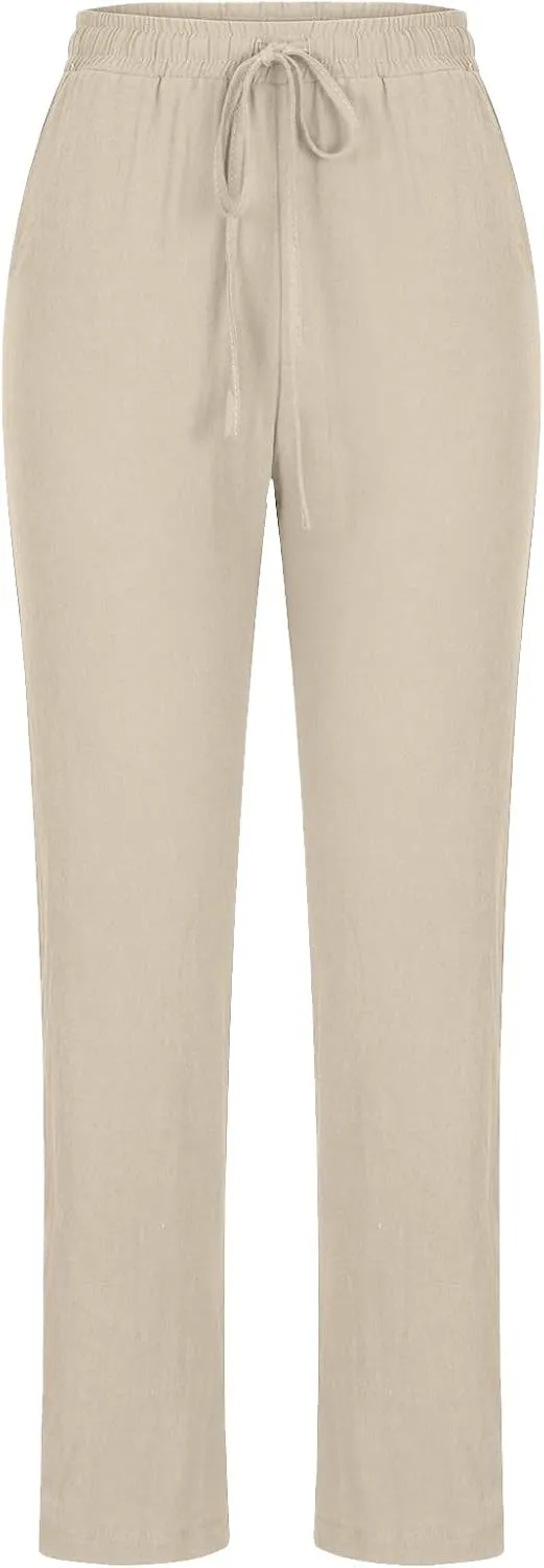 Pants for Women Casual Cotton Linen Pants Drawstring Elastic Waist Pants Soft Trousers with Pockets Straight Leg Pant