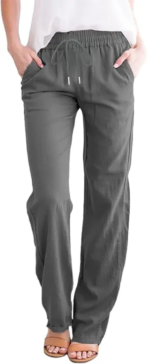 Pants for Women Casual Cotton Linen Pants Drawstring Elastic Waist Pants Soft Trousers with Pockets Straight Leg Pant