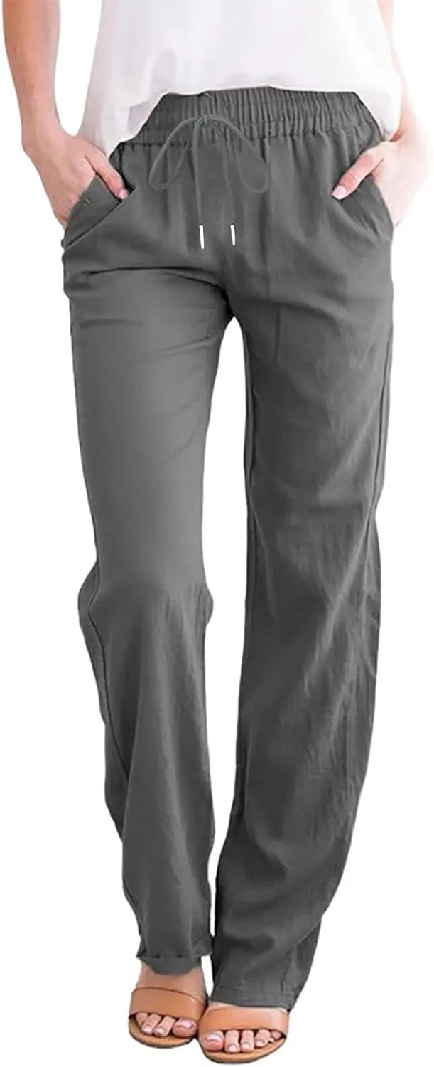Pants for Women Casual Cotton Linen Pants Drawstring Elastic Waist Pants Soft Trousers with Pockets Straight Leg Pant