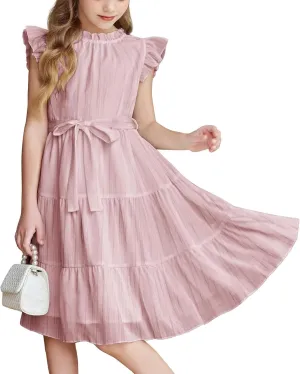 Party Dress for Girls A-Line Dresses Summer Ruffle Sleeve Birthday Dress Cute Dance Dresses with Belt 3-12 Years