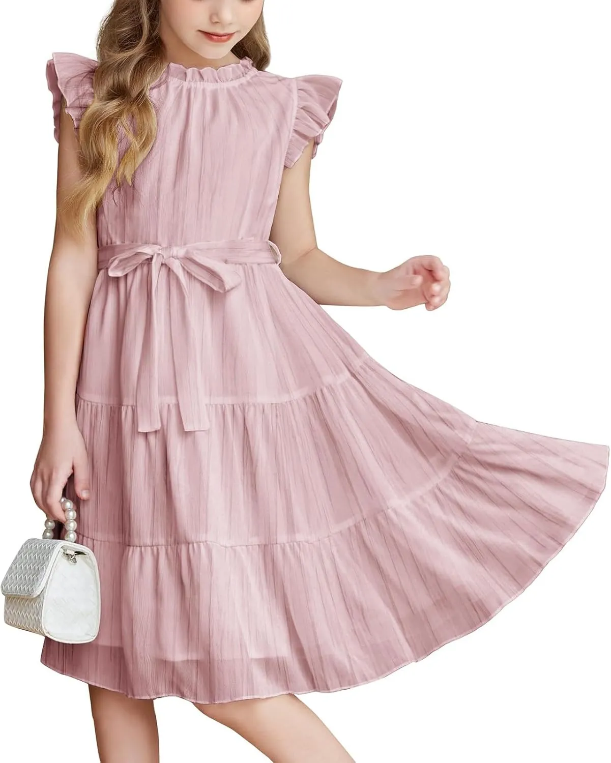 Party Dress for Girls A-Line Dresses Summer Ruffle Sleeve Birthday Dress Cute Dance Dresses with Belt 3-12 Years