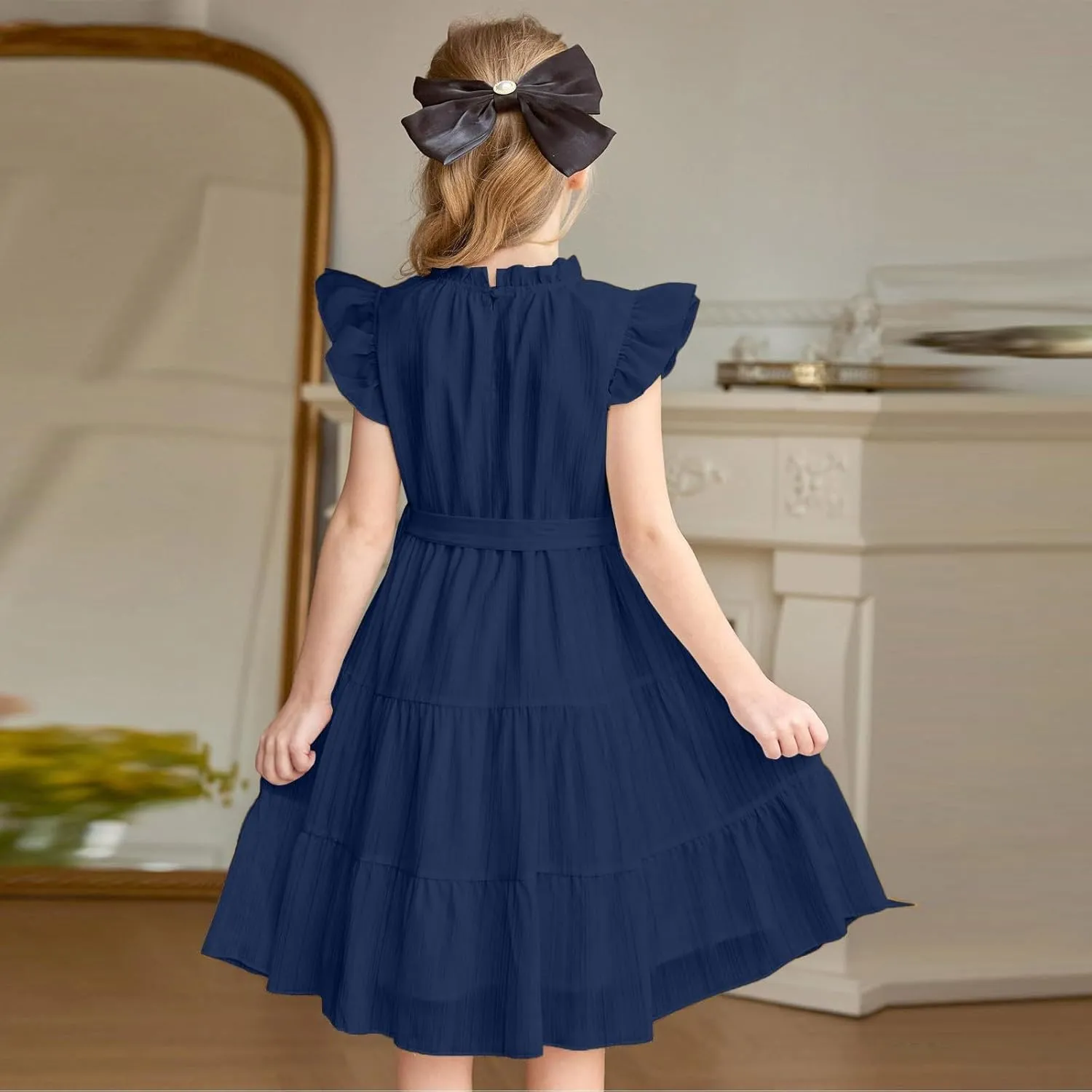 Party Dress for Girls A-Line Dresses Summer Ruffle Sleeve Birthday Dress Cute Dance Dresses with Belt 3-12 Years