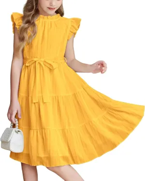 Party Dress for Girls A-Line Dresses Summer Ruffle Sleeve Birthday Dress Cute Dance Dresses with Belt 3-12 Years