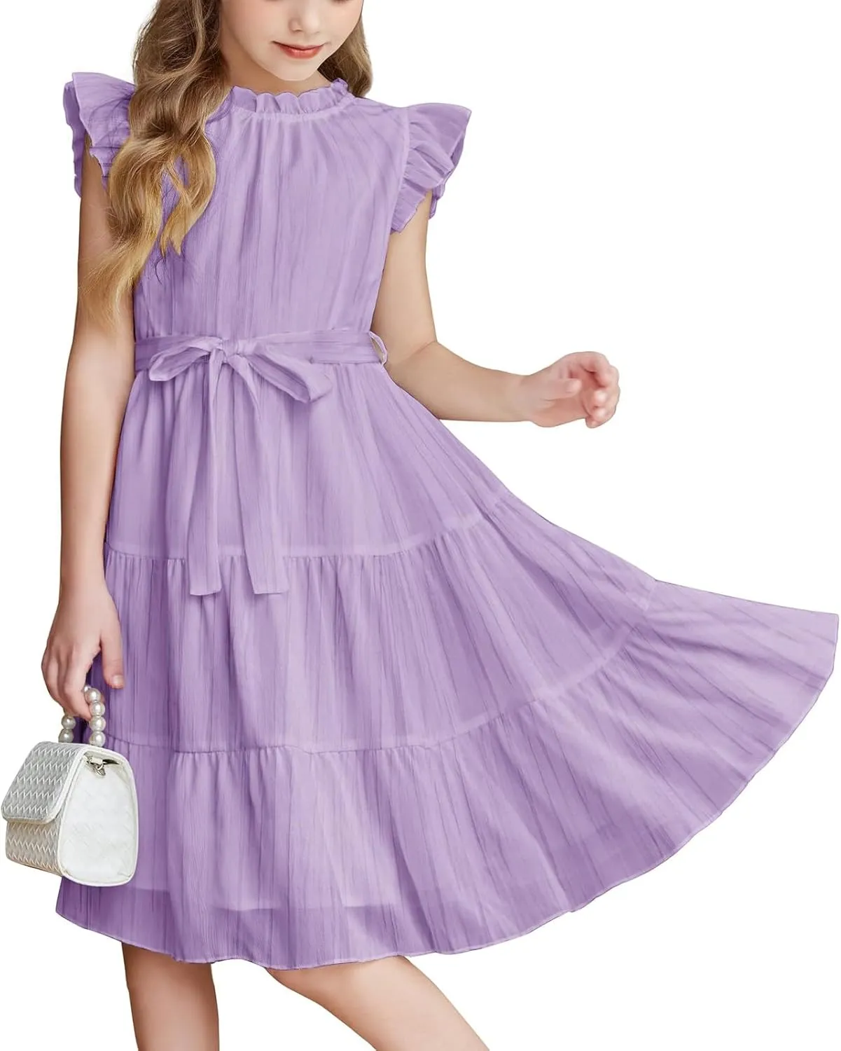 Party Dress for Girls A-Line Dresses Summer Ruffle Sleeve Birthday Dress Cute Dance Dresses with Belt 3-12 Years