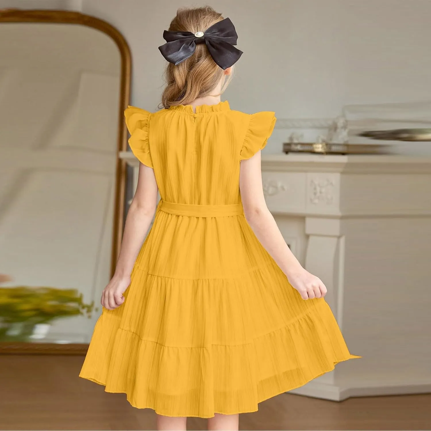 Party Dress for Girls A-Line Dresses Summer Ruffle Sleeve Birthday Dress Cute Dance Dresses with Belt 3-12 Years
