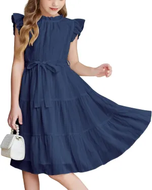 Party Dress for Girls A-Line Dresses Summer Ruffle Sleeve Birthday Dress Cute Dance Dresses with Belt 3-12 Years