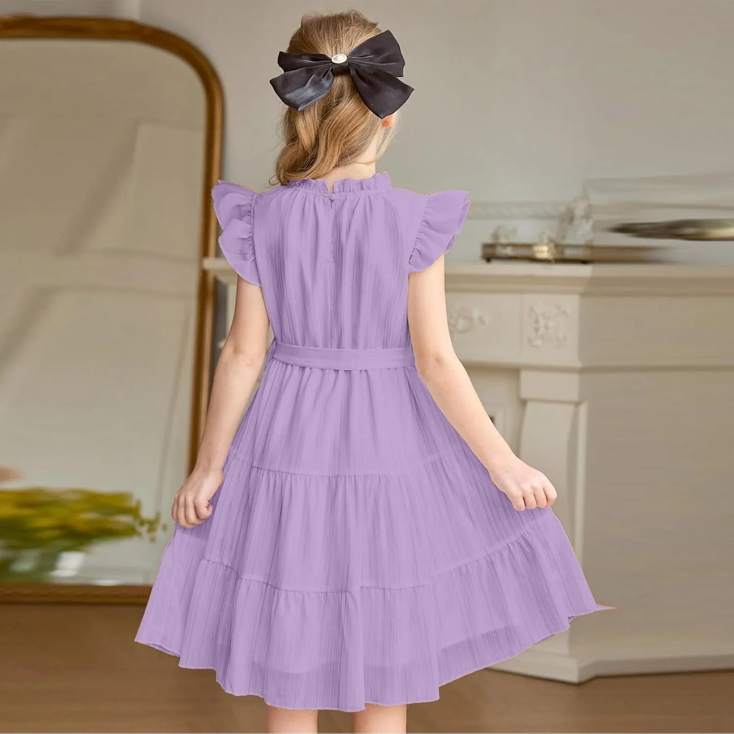 Party Dress for Girls A-Line Dresses Summer Ruffle Sleeve Birthday Dress Cute Dance Dresses with Belt 3-12 Years