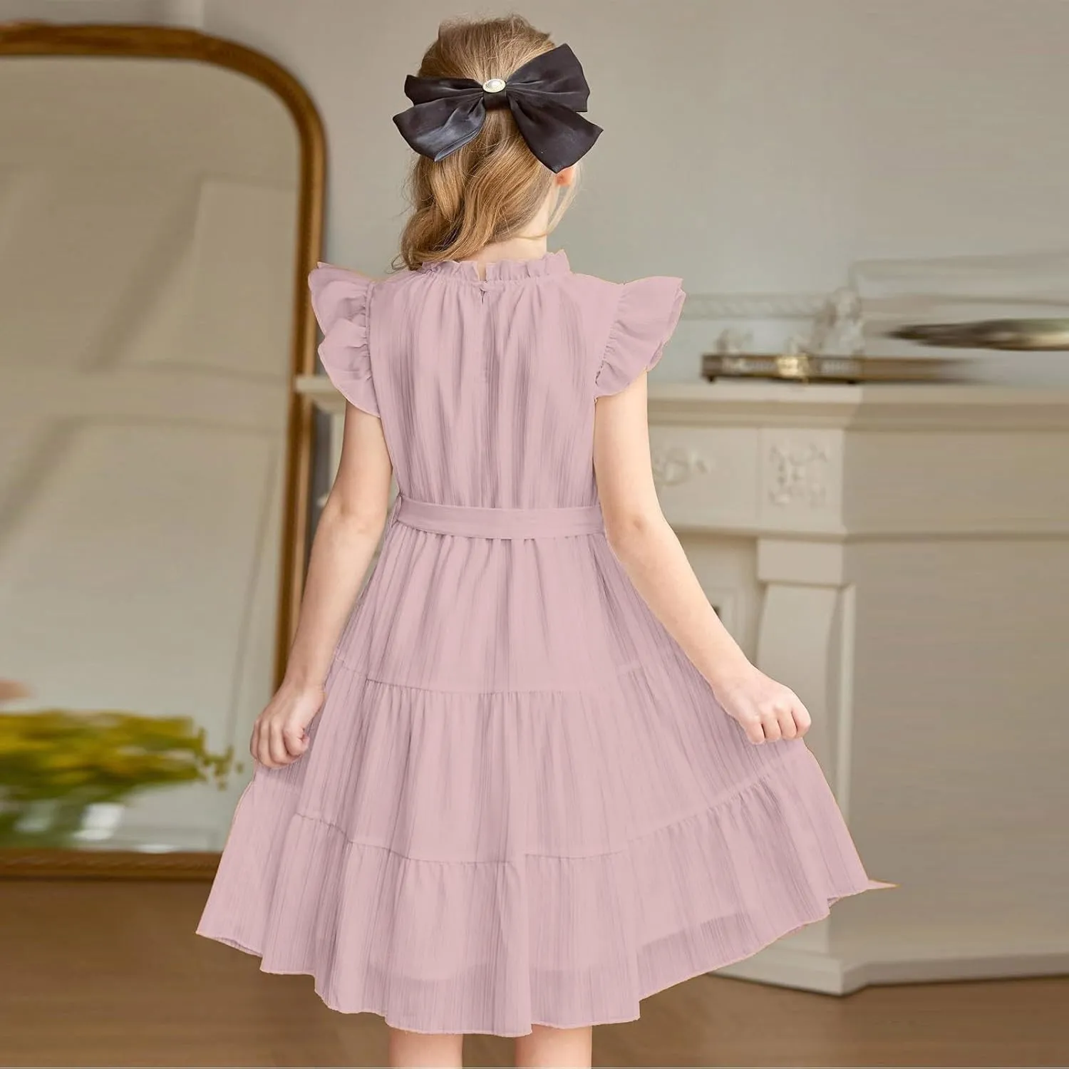 Party Dress for Girls A-Line Dresses Summer Ruffle Sleeve Birthday Dress Cute Dance Dresses with Belt 3-12 Years