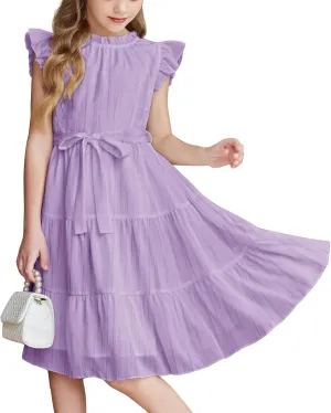 Party Dress for Girls A-Line Dresses Summer Ruffle Sleeve Birthday Dress Cute Dance Dresses with Belt 3-12 Years
