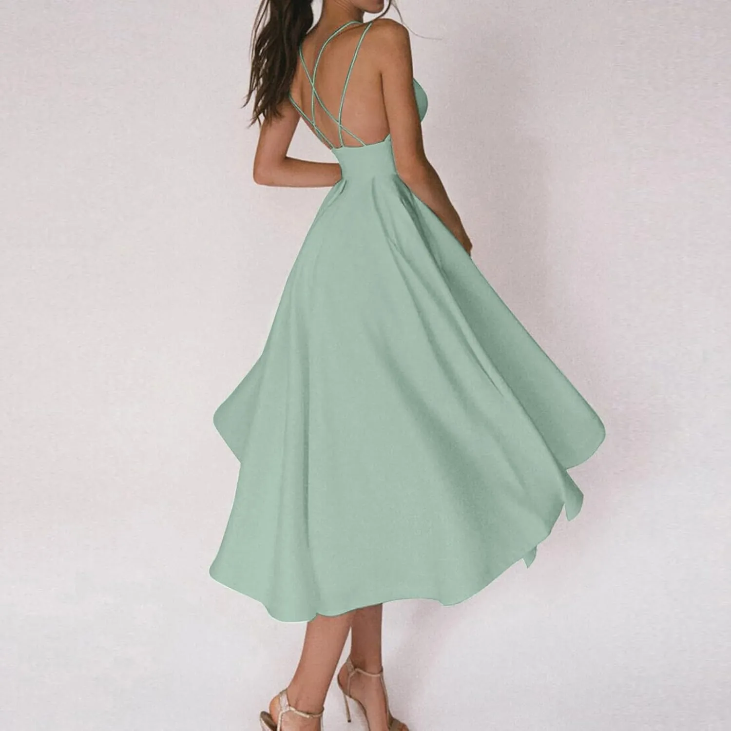 Party Dresses for Women 2024 Sexy high Waist Backless Ankle Length Dress with Bra Solid Color Spaghetti Strap Dress